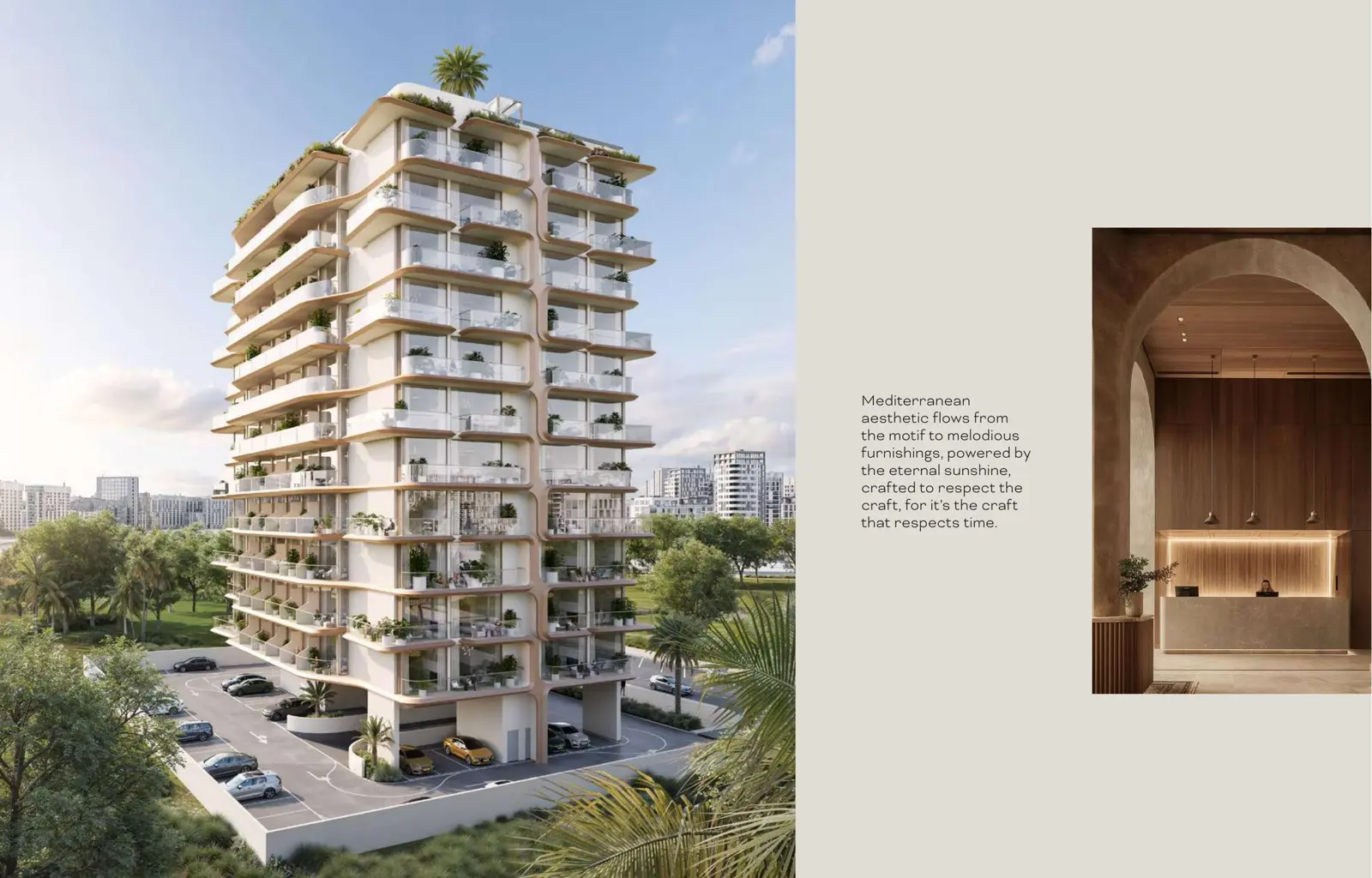 Tower with curved balconies, parking and lobby inset
