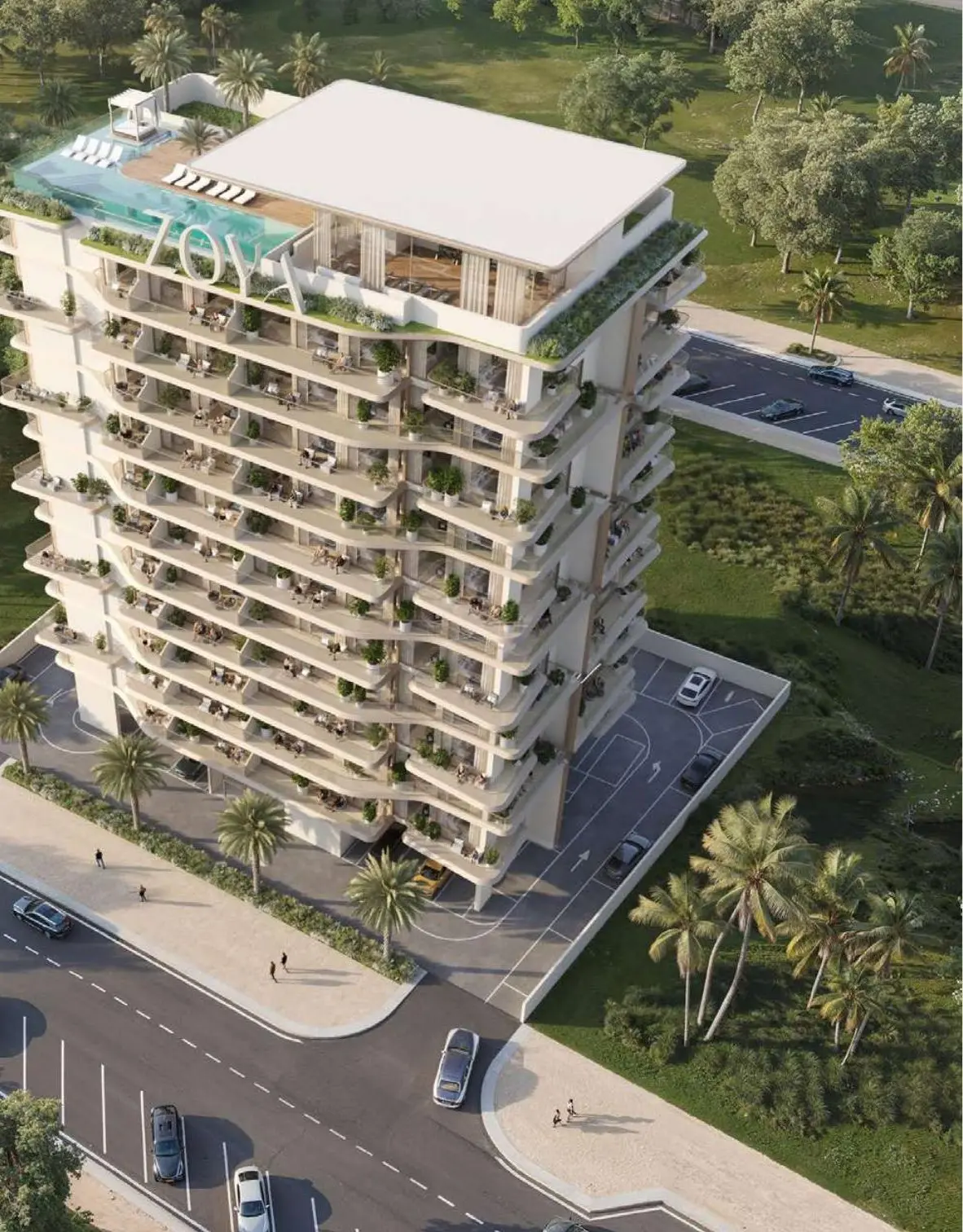 Aerial view of tower with rooftop pool and Zoya sign