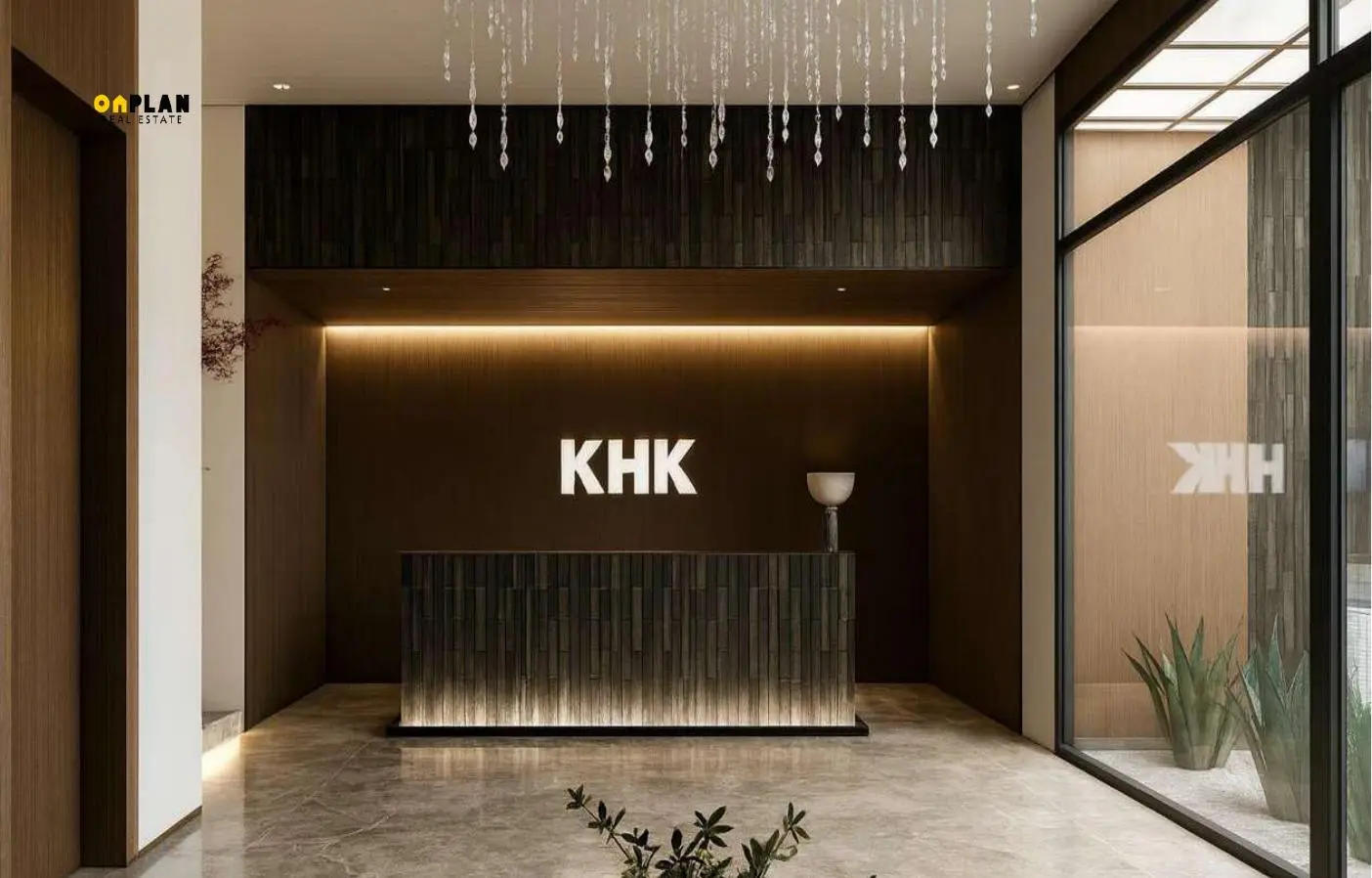 Lobby reception desk with KHK sign