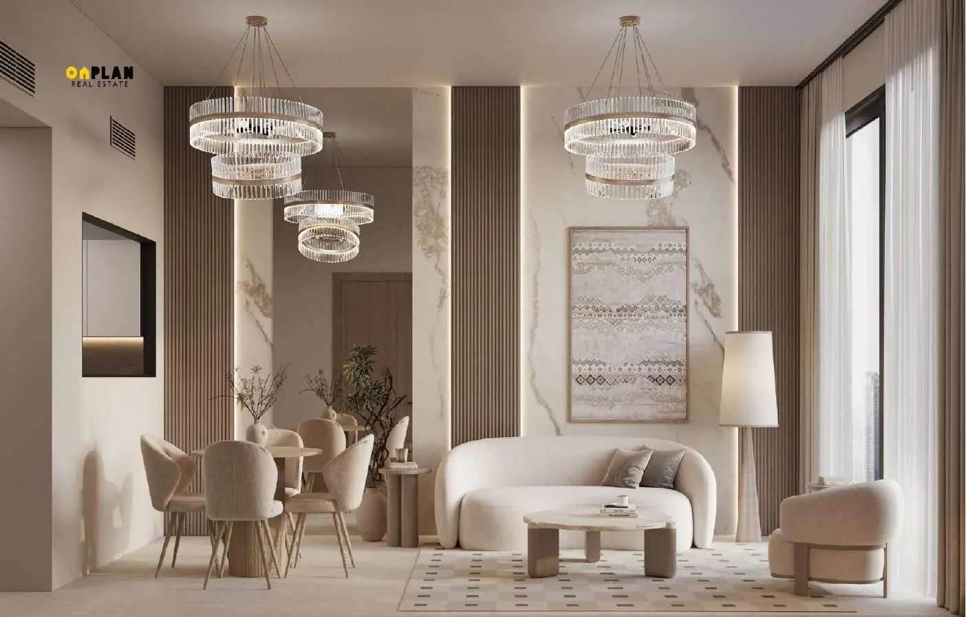 Living and dining area with chandeliers