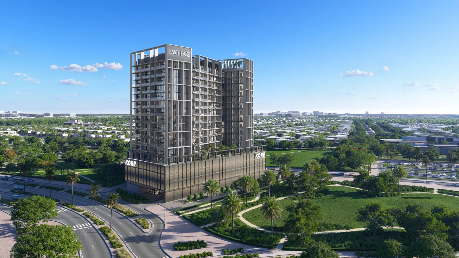 Tower among parks and low-rise villas