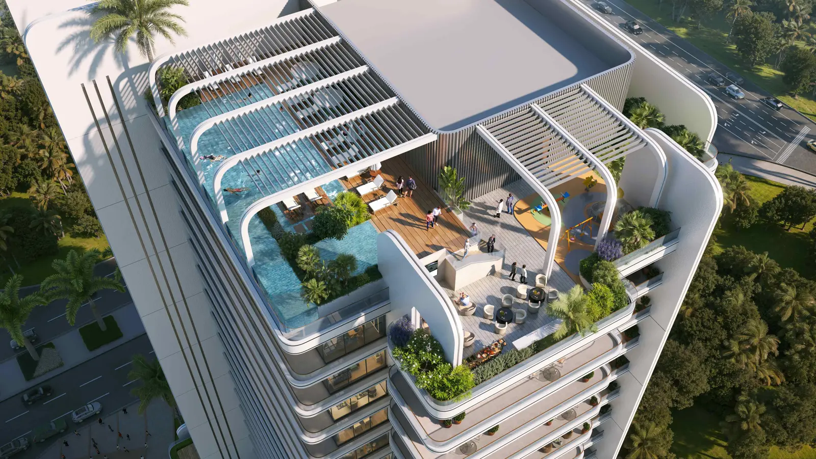 Rooftop pool and terrace at the top of the tower
