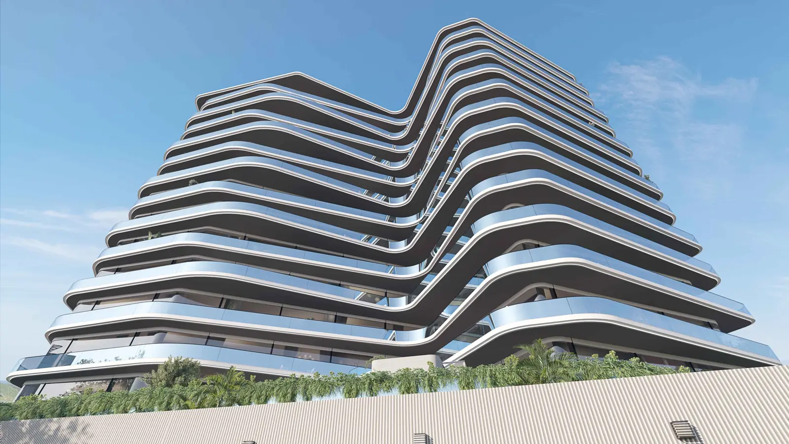 Tower with curved balcony bands seen from below