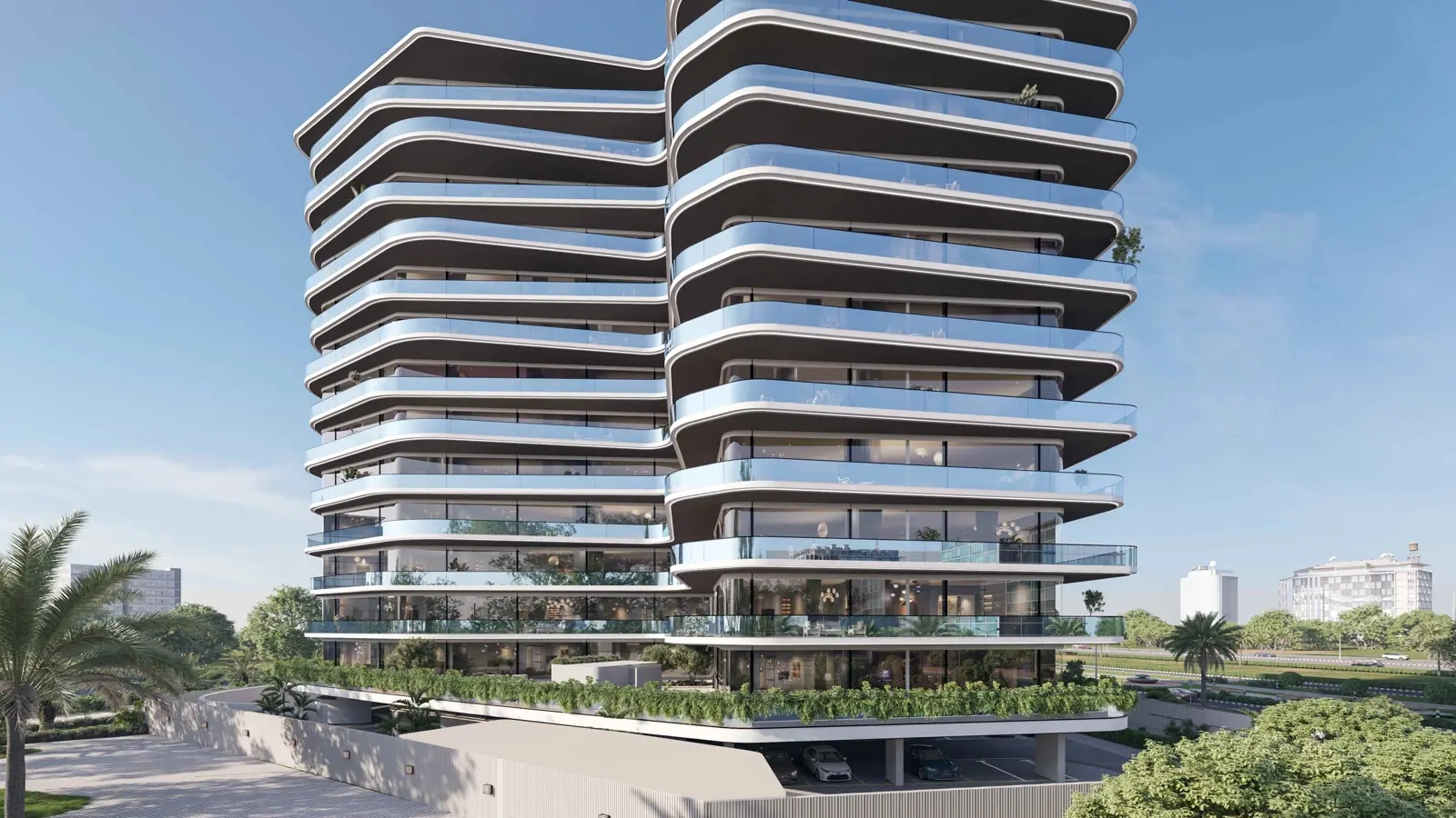 Tower balconies and parking level at the base
