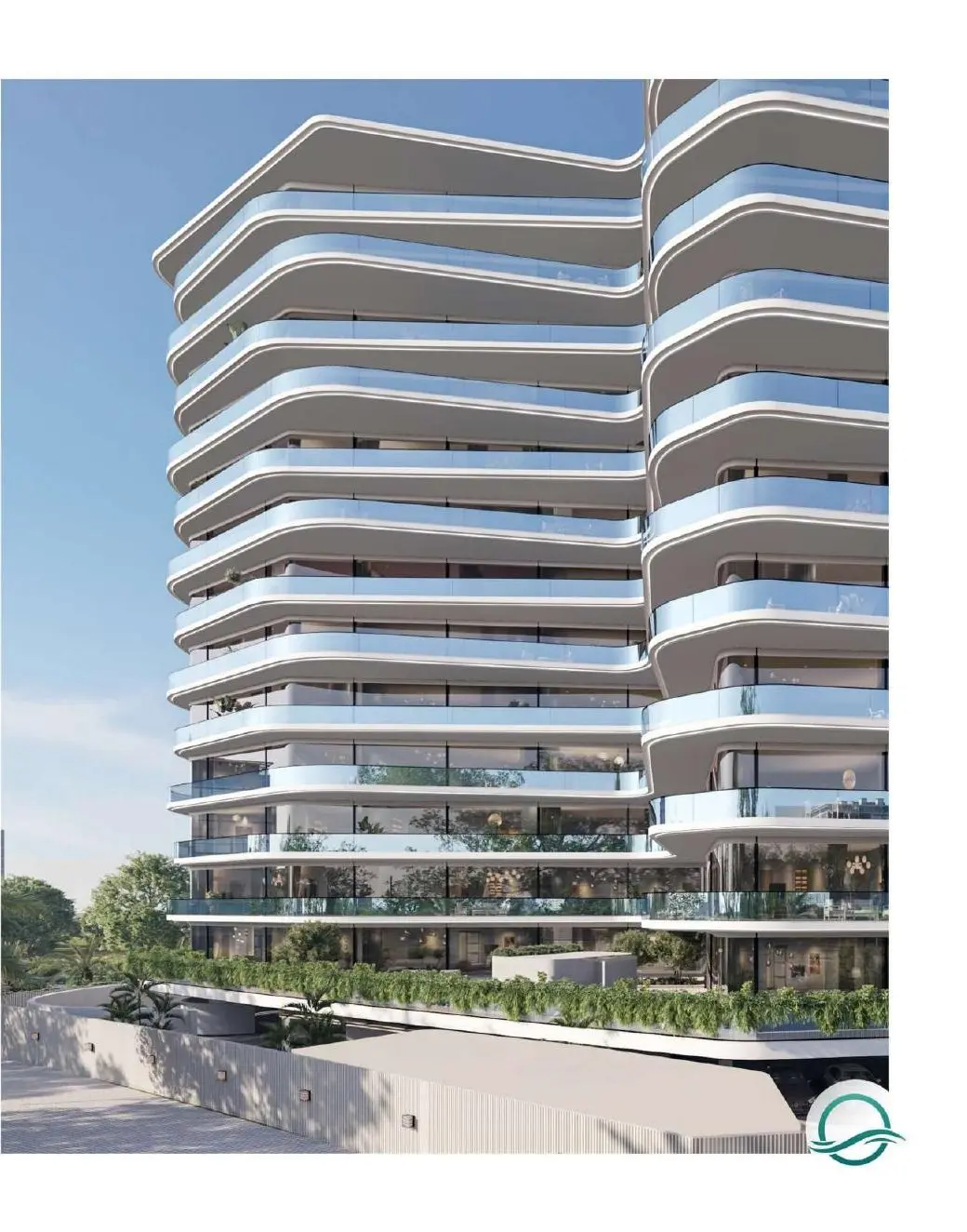 Close view of curved balconies beside architecture text