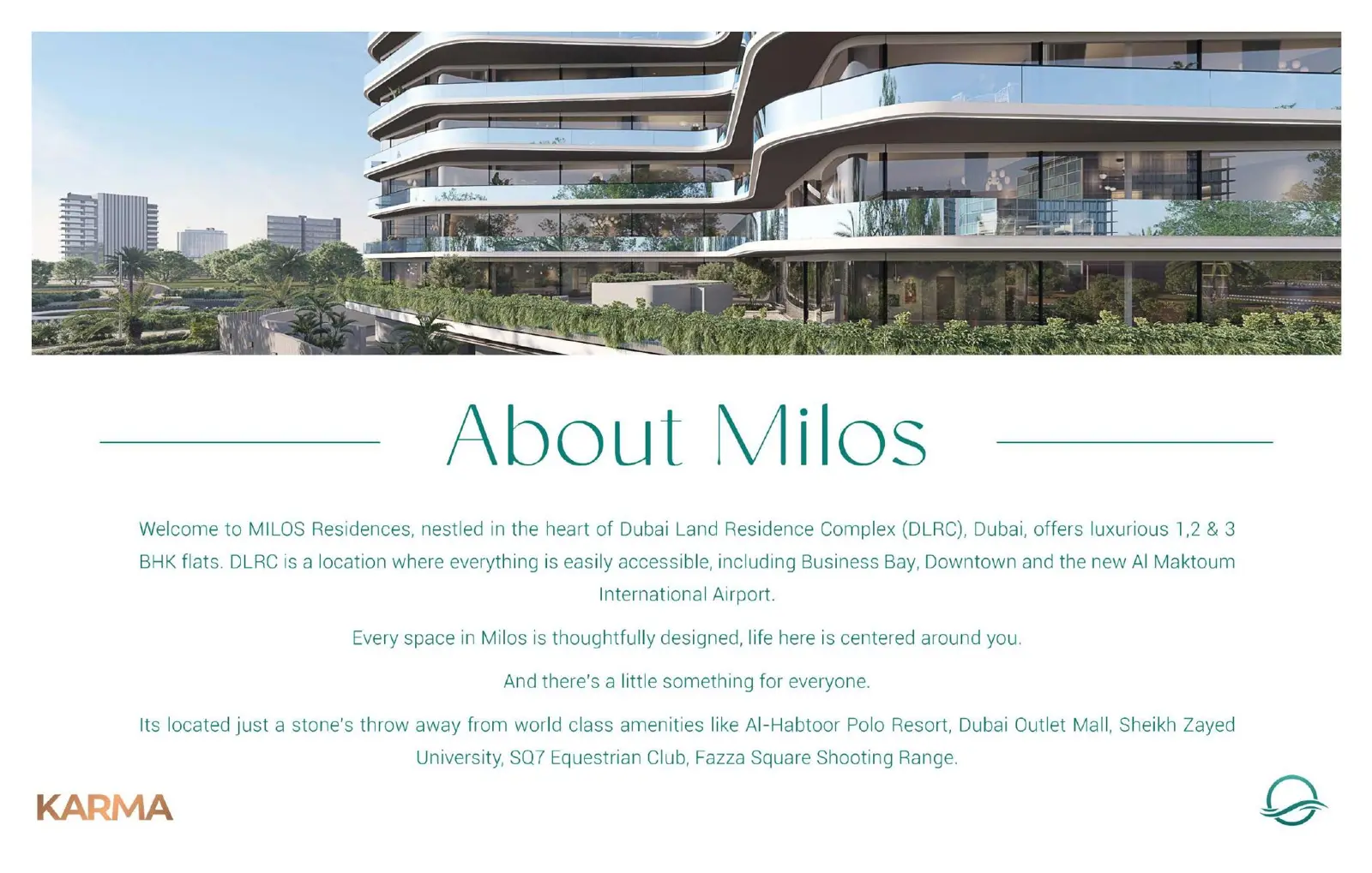 Curved balconies of the tower with text about Milos