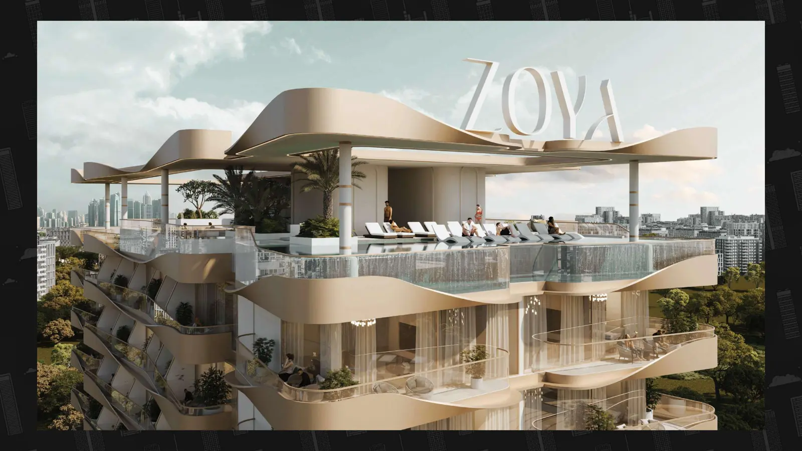 Rooftop pool deck and curved balconies of the tower