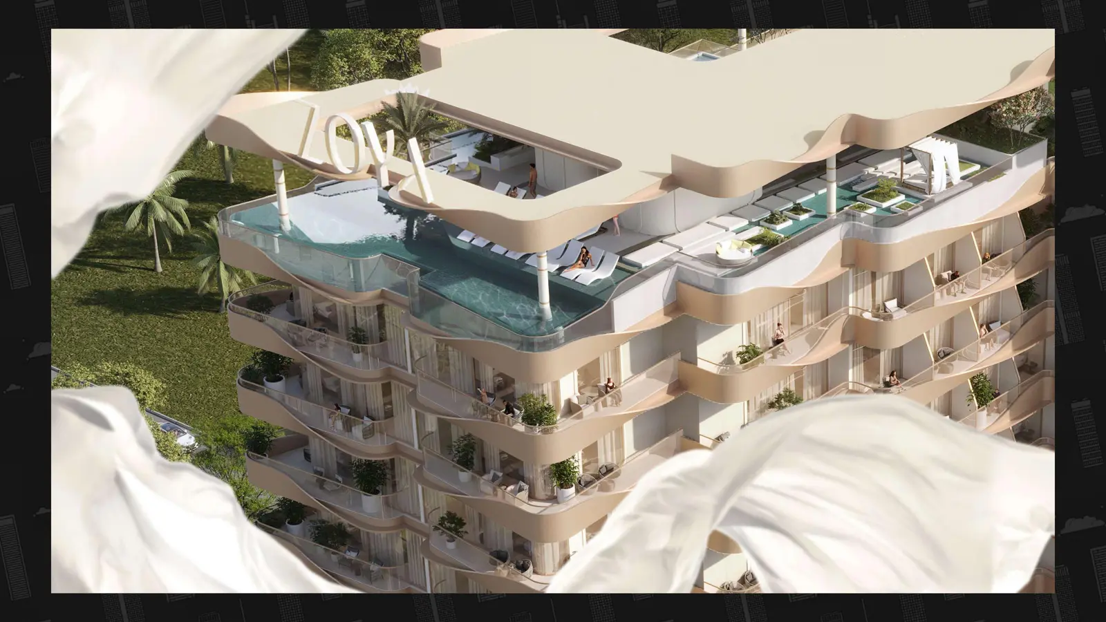 Aerial view of the rooftop pool and wavy balconies
