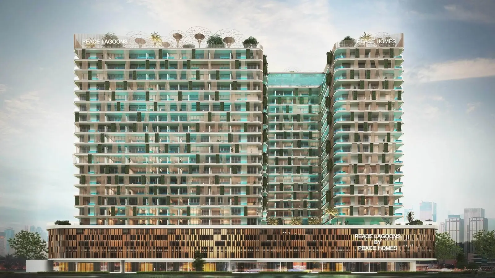Front view of the complex with rooftop gardens