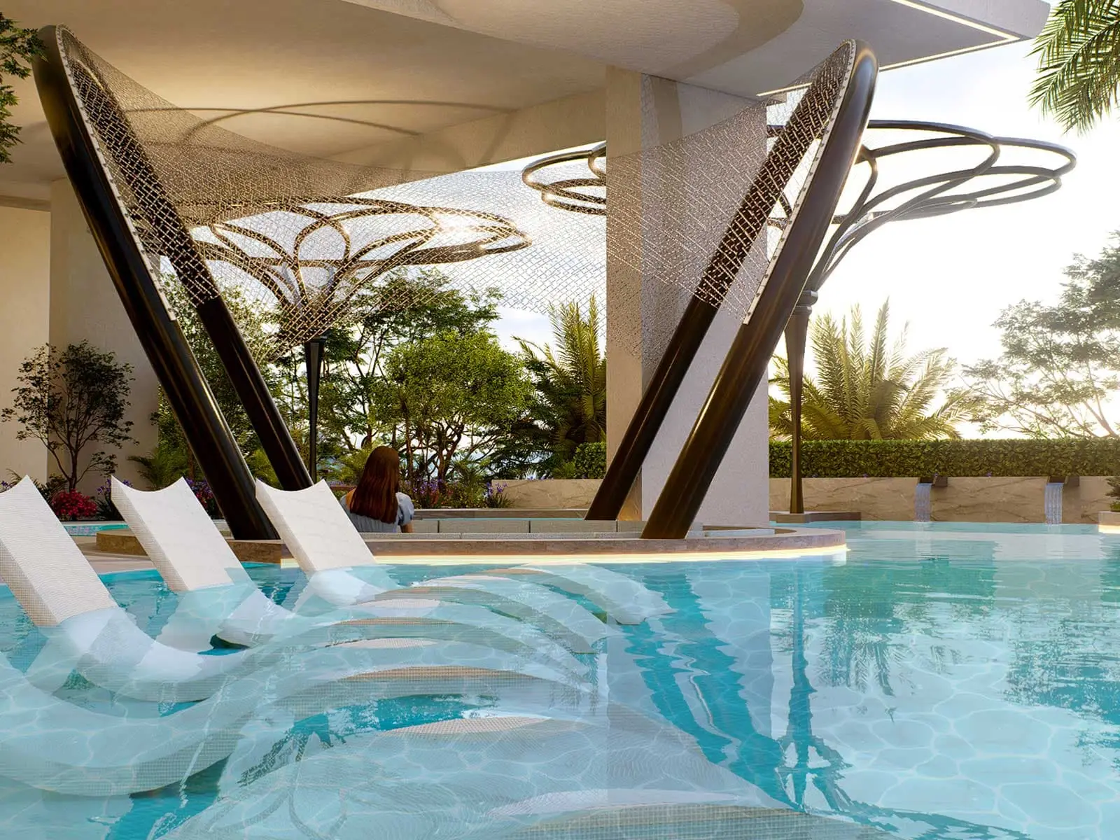 Pool with sunken loungers under a canopy structure