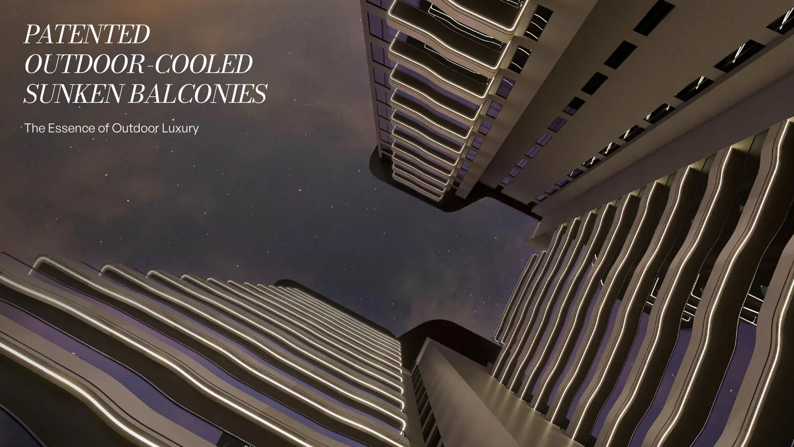 Night view up the wavy balcony facades of the towers