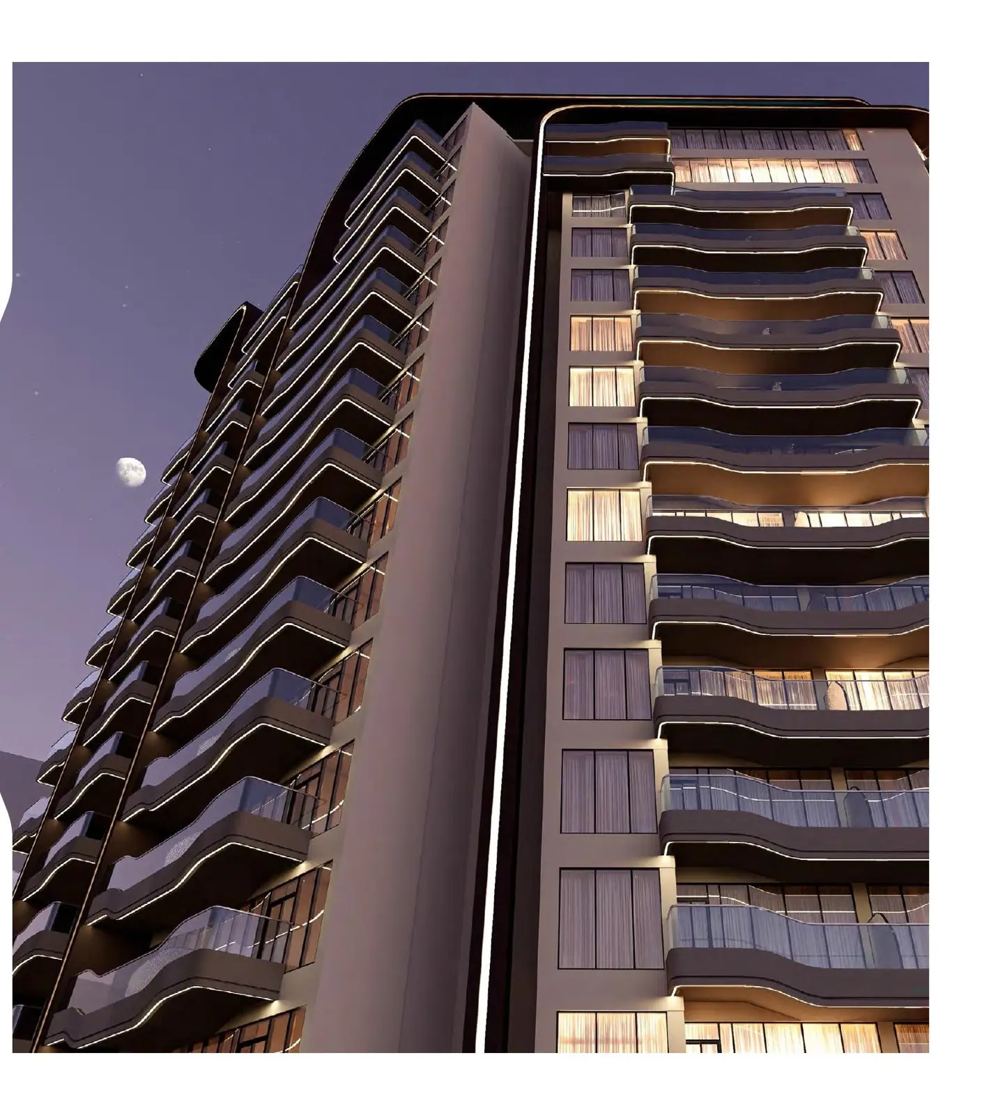 Dusk view of the tower with lit balconies