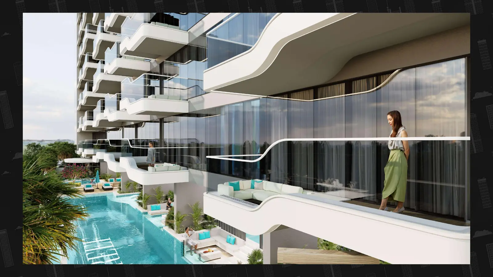 Curved sunken balconies above a pool deck