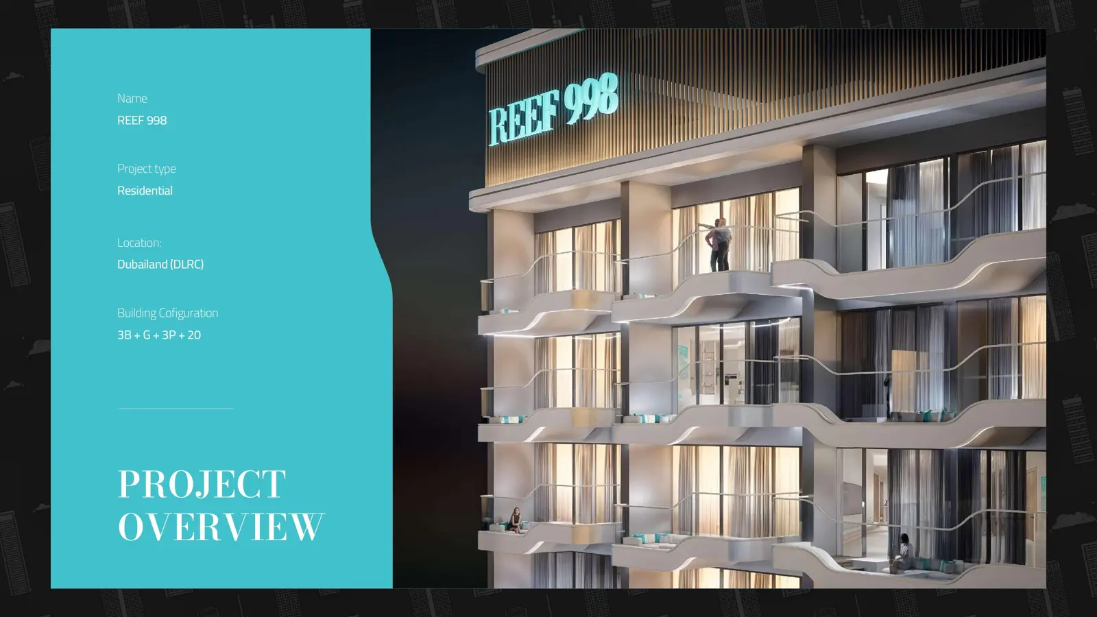 Night view of balconies and the Reef 998 sign