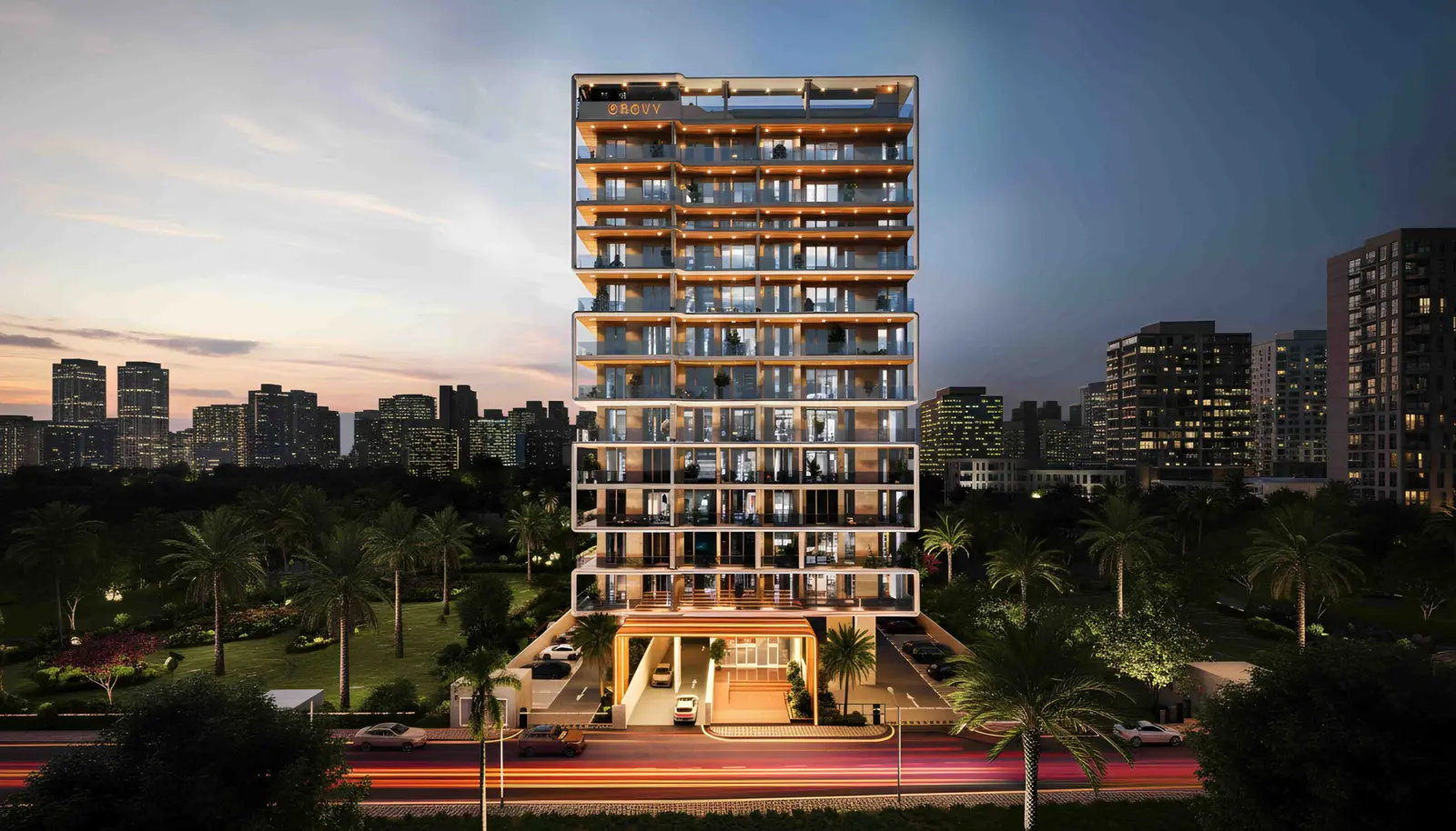 Tower at dusk with lit terraces