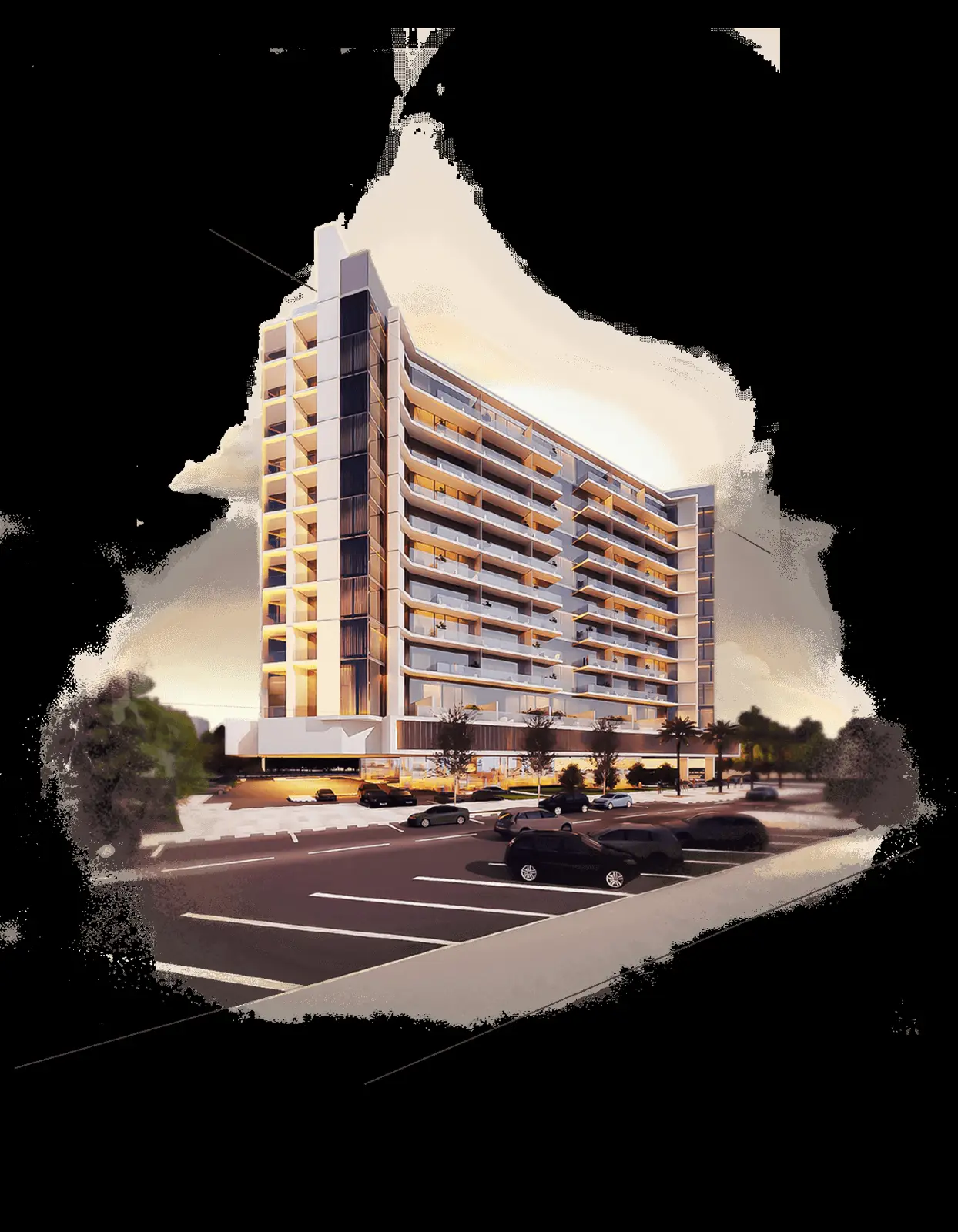 Street view of a mid-rise tower with balconies