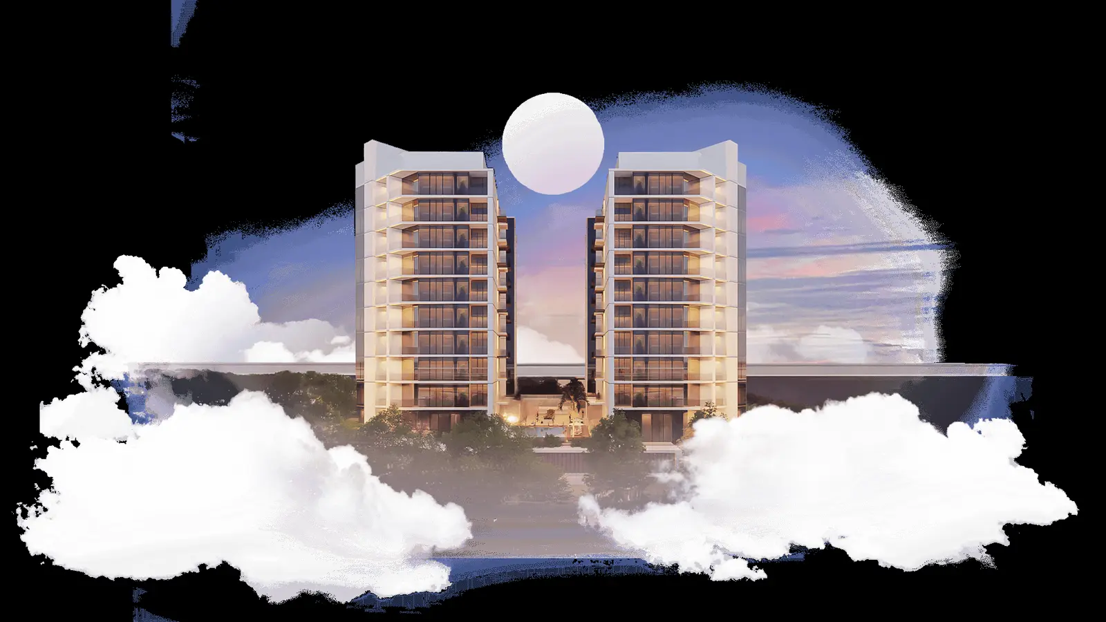 Two towers at dusk among stylised clouds