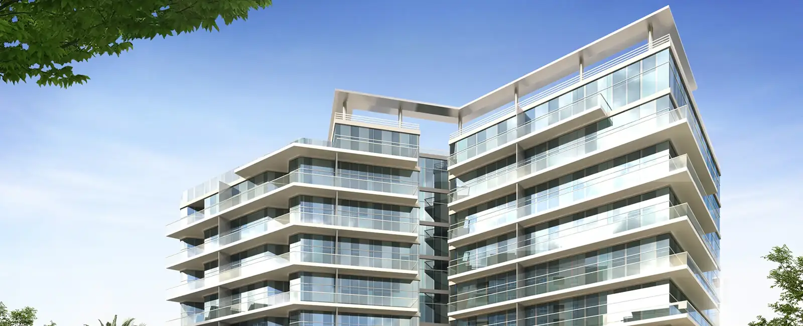 Exterior render of the glass-balcony residential building
