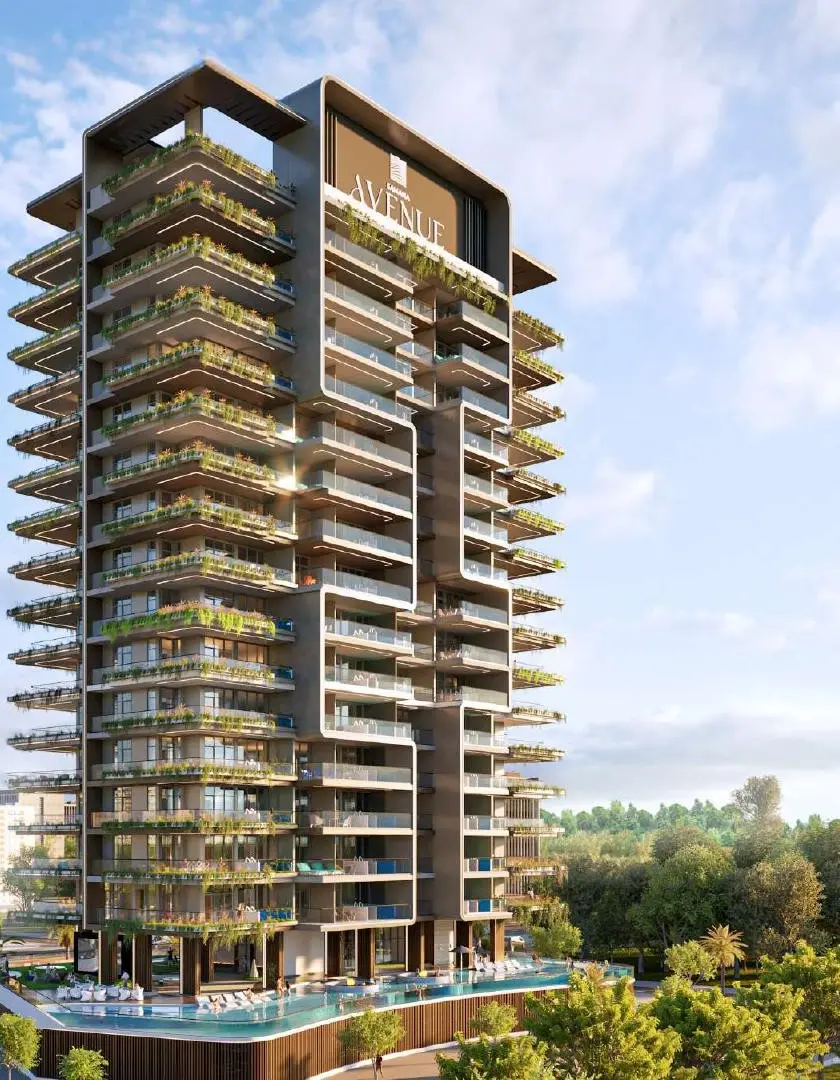 Tower with planted balconies and pool deck below