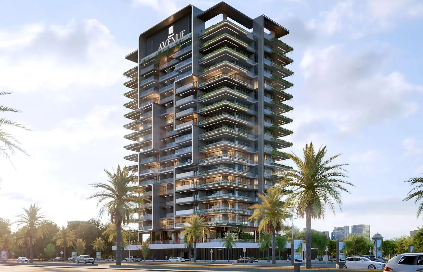 Tower seen from street level with palm trees