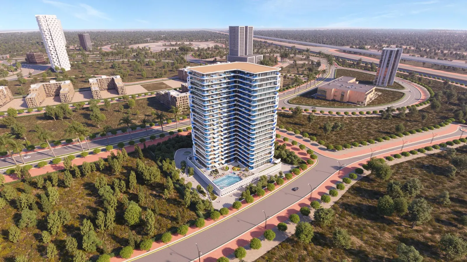 Aerial view of the tower in its surroundings