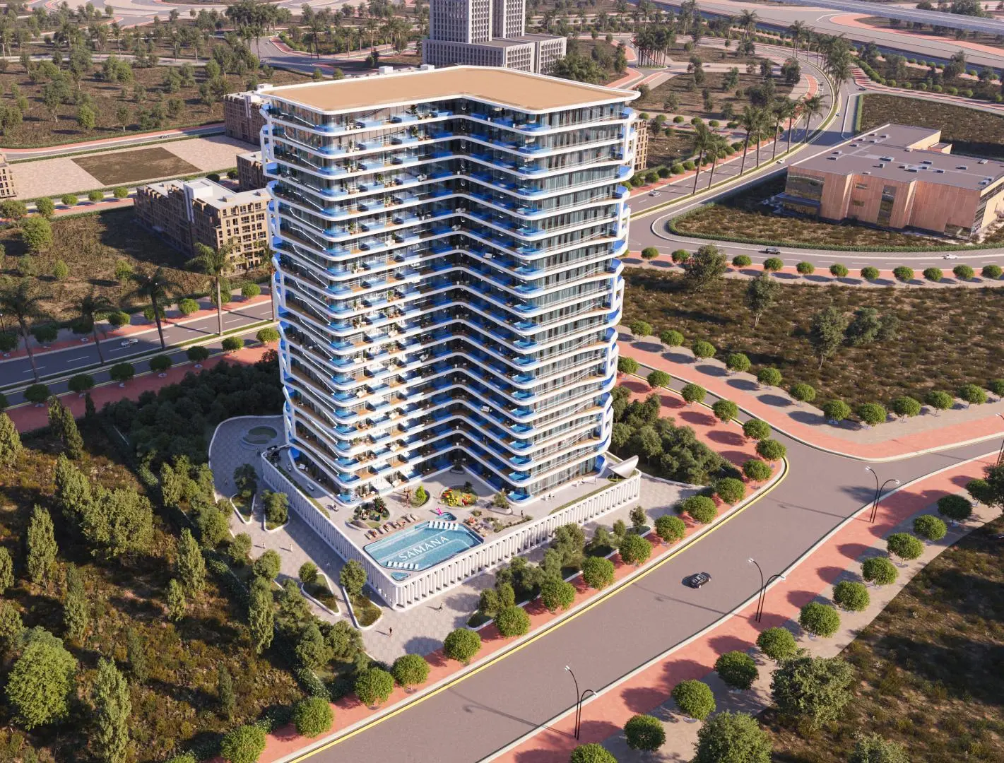 Aerial view of the tower and pool deck