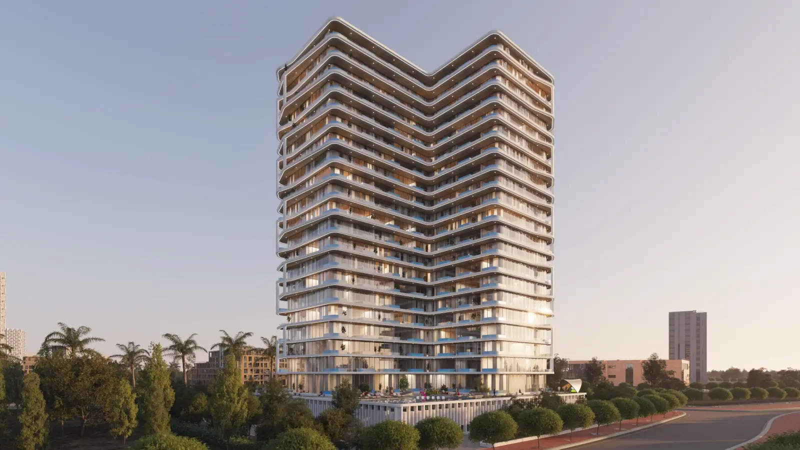 Tower with V-shaped plan at dusk
