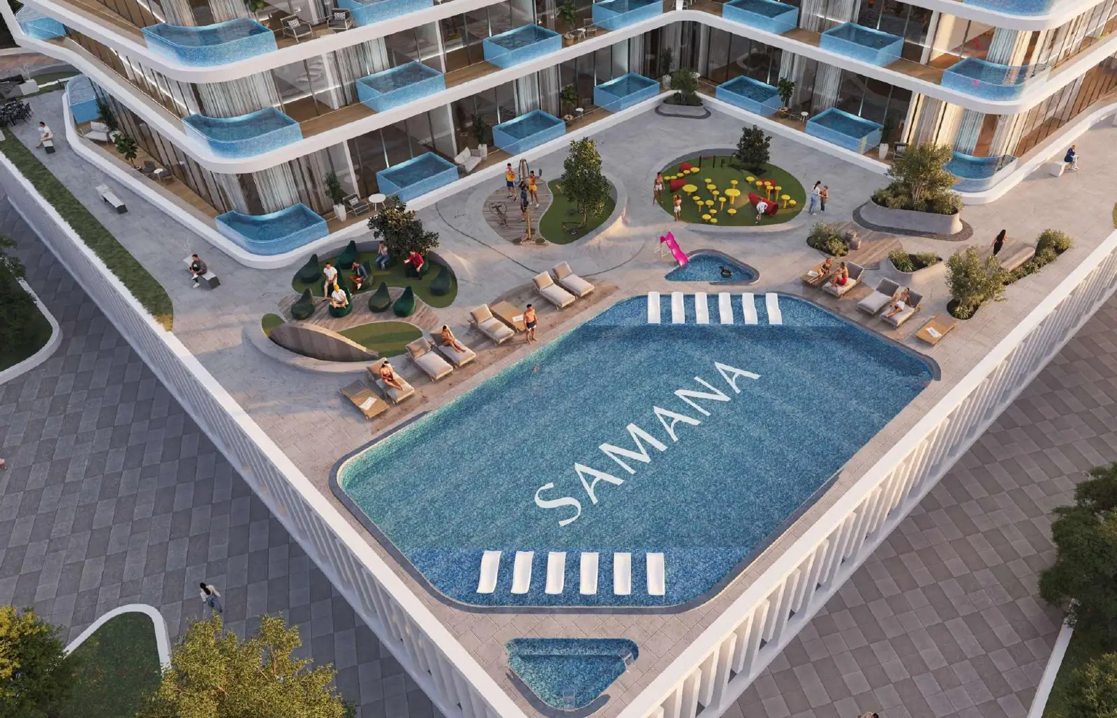 Aerial view of the pool deck with SAMANA lettering