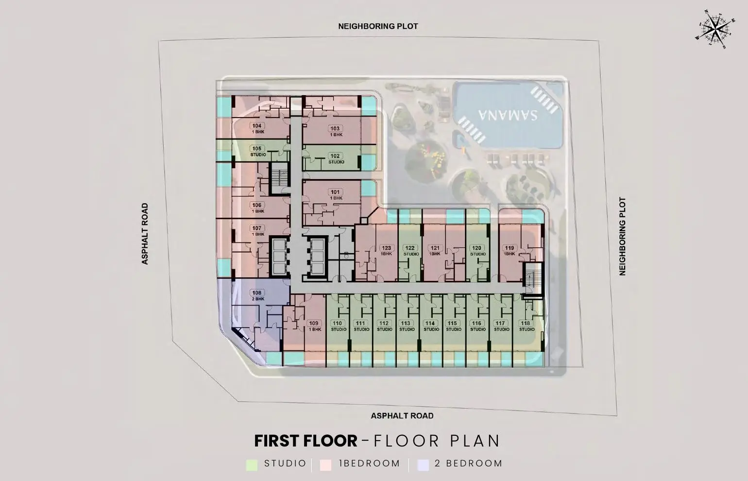 First floor plan with studios, 1 and 2 bedrooms