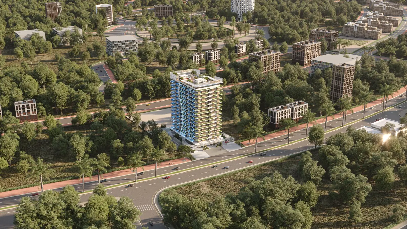 Aerial view of the tower among low buildings and trees