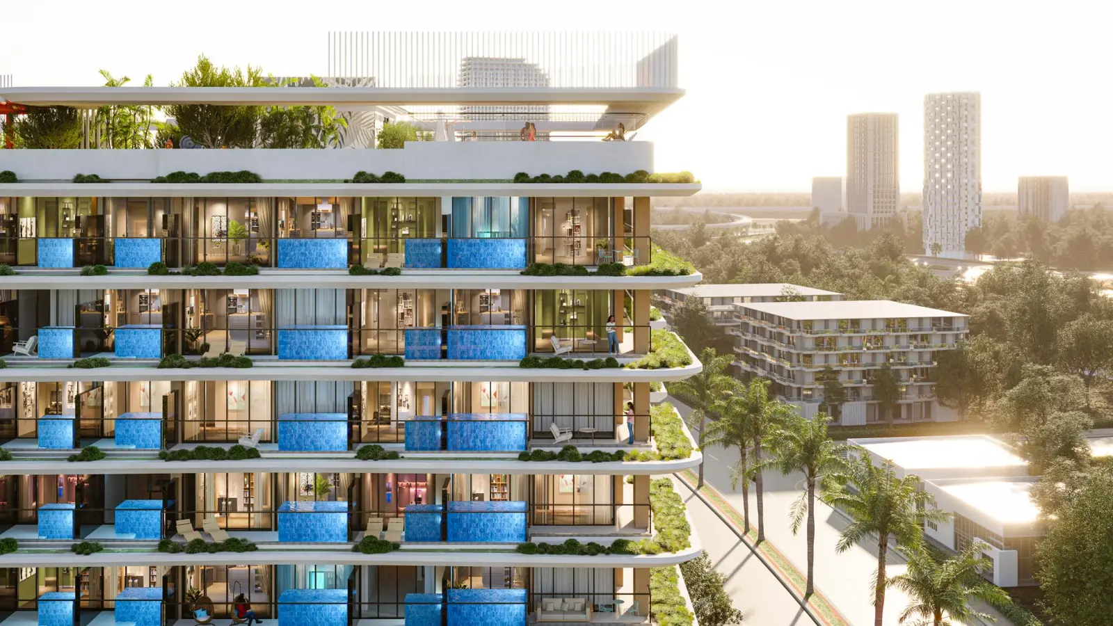 Facade close-up with balcony pools and green terraces