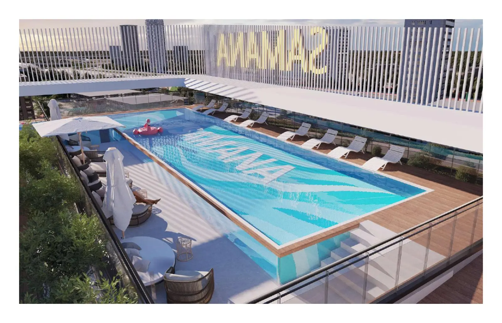 Rooftop pool with loungers and city view