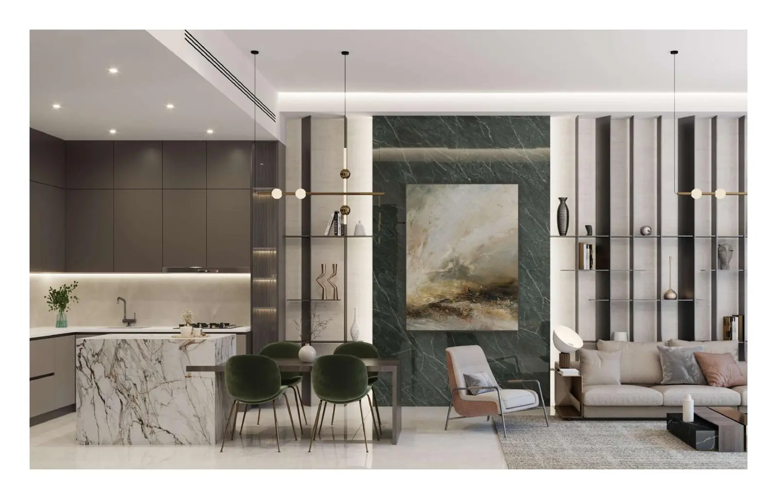 Open kitchen, dining and living area