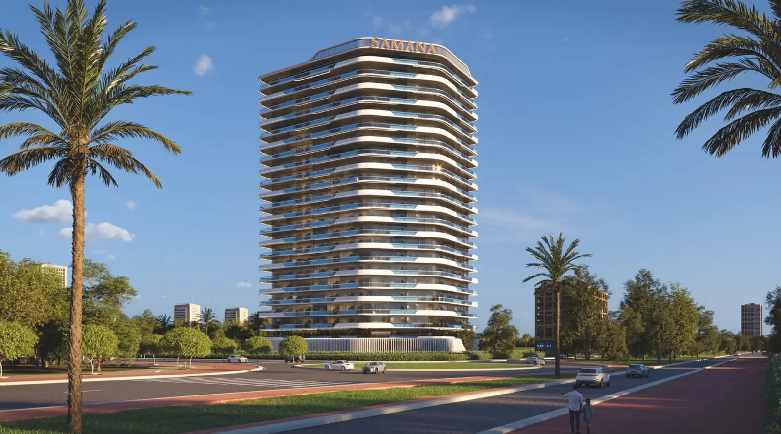 Single tower with curved balconies beside palm trees