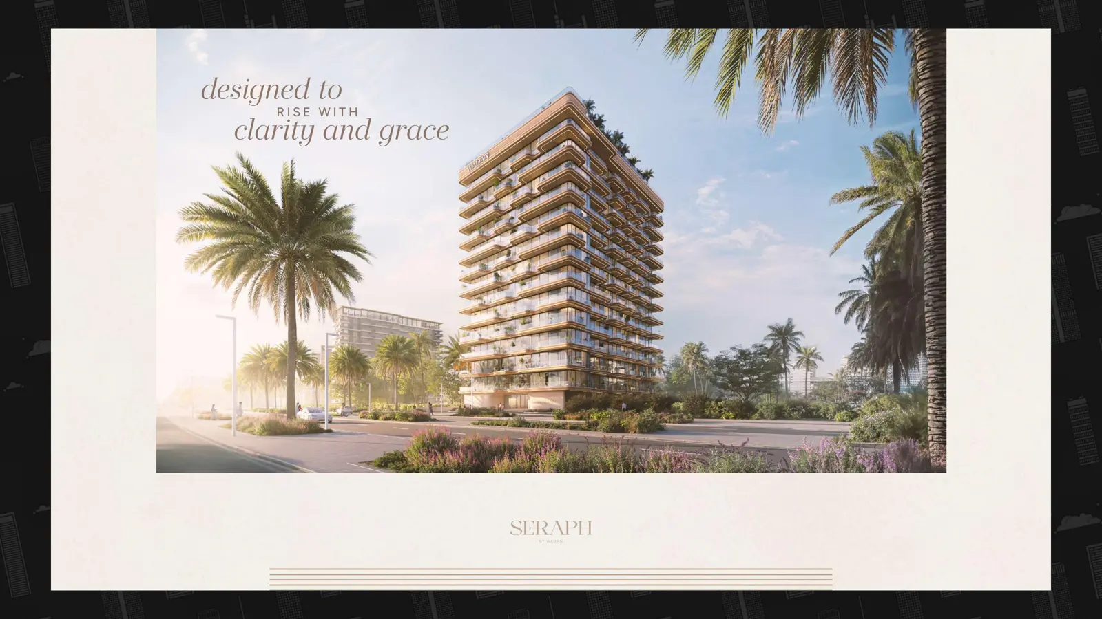 Tower with golden balconies among palm trees