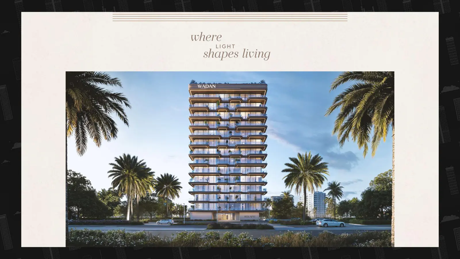 Front view of the tower between palm trees