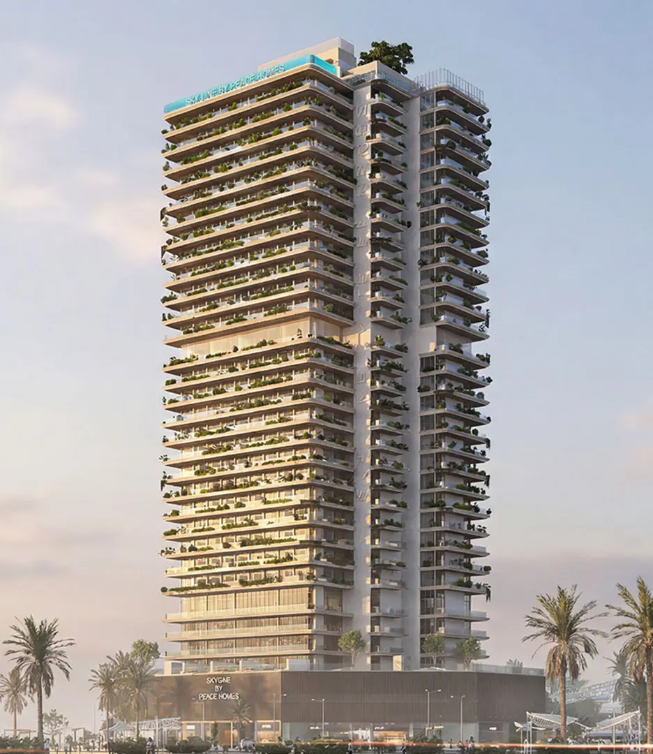 Full tower with green terraces and retail podium