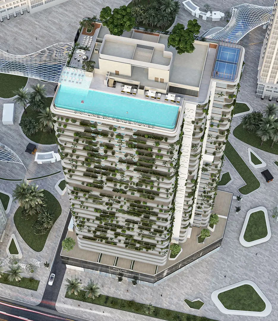 Aerial view of rooftop infinity pool and padel court