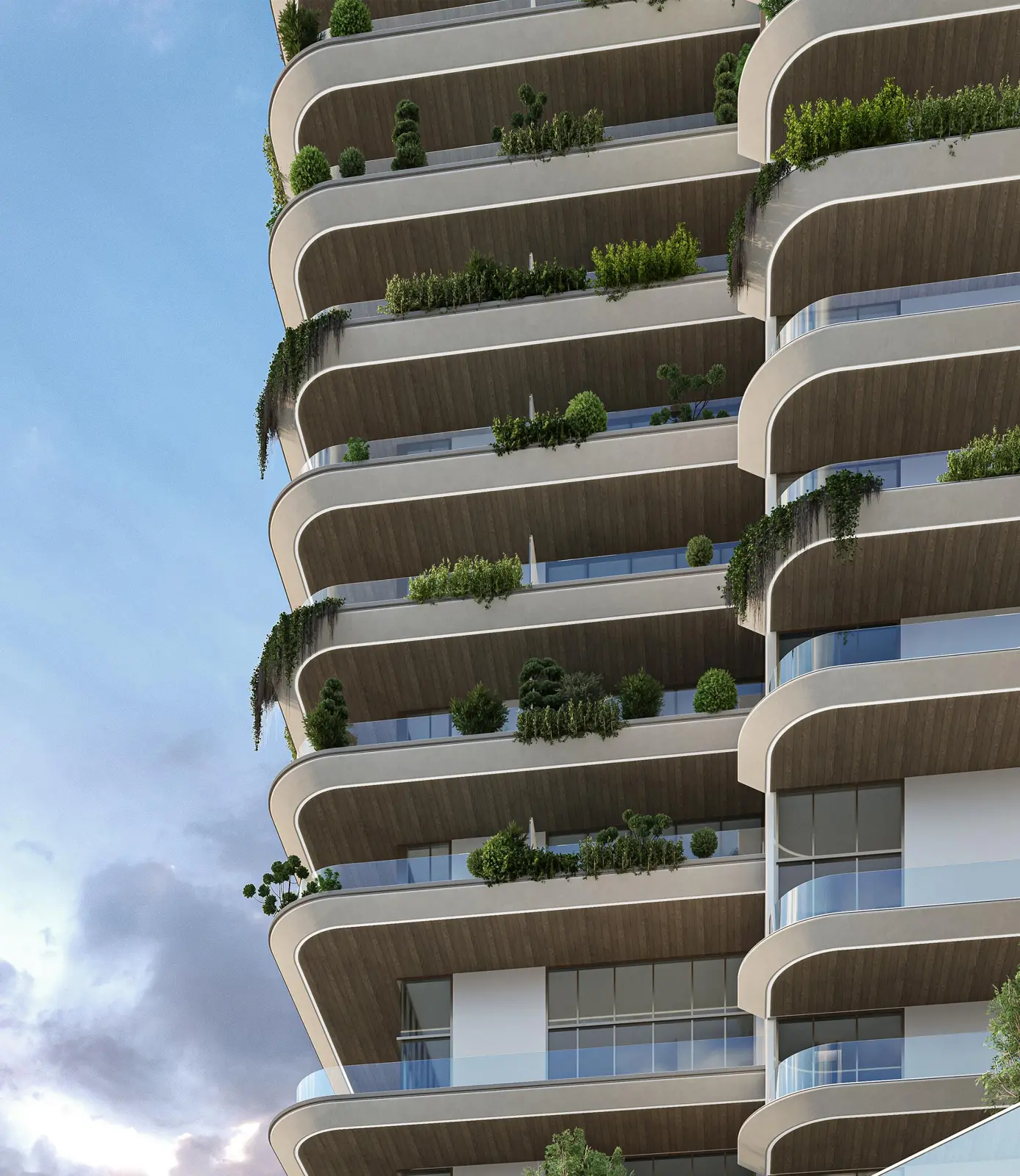 Close view of curved balconies with planting