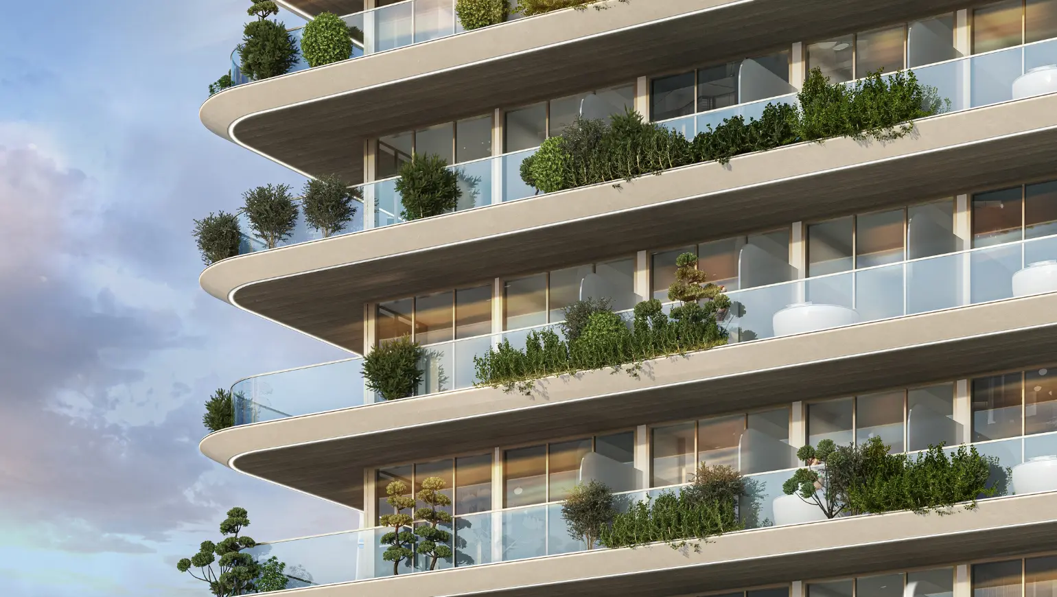 Close view of balconies with trimmed plants
