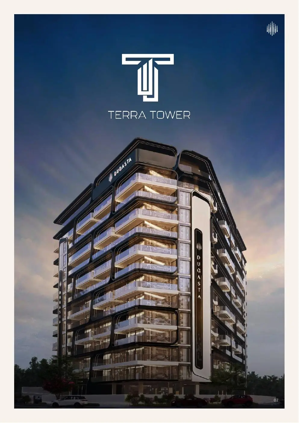 Terra Tower facade at dusk with logo
