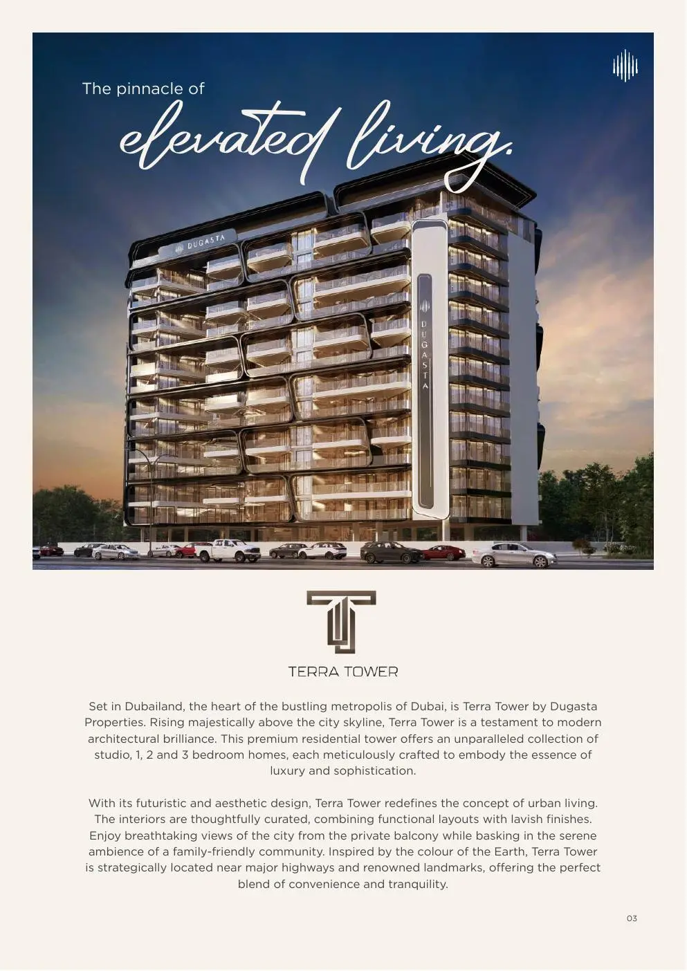 Terra Tower exterior with project description text