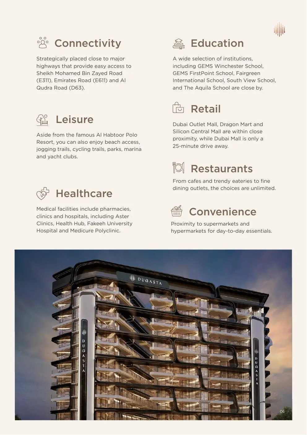Close view of tower balconies, with neighbourhood lifestyle text