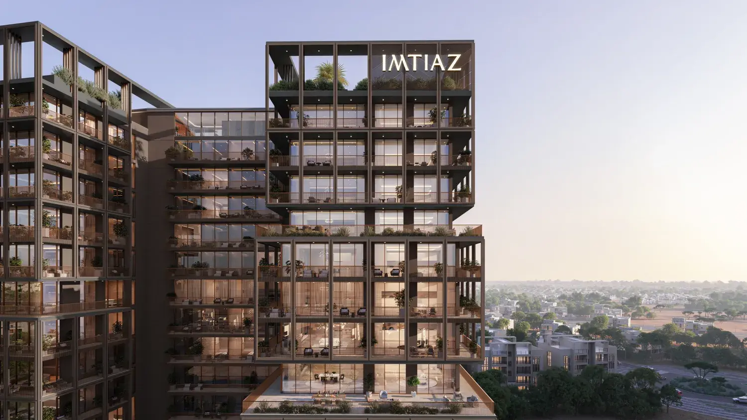 Upper floors with balconies and rooftop planting