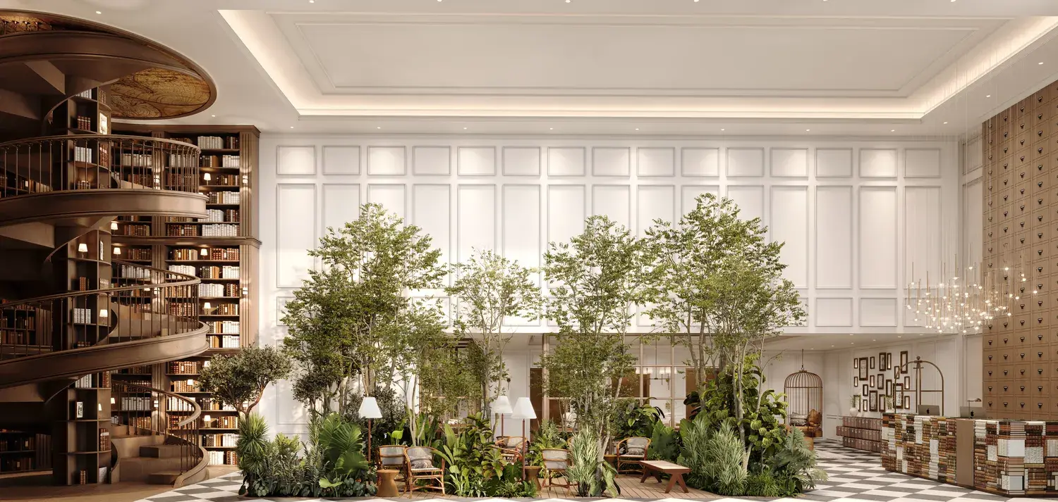 Double-height library lobby with spiral bookshelf and trees