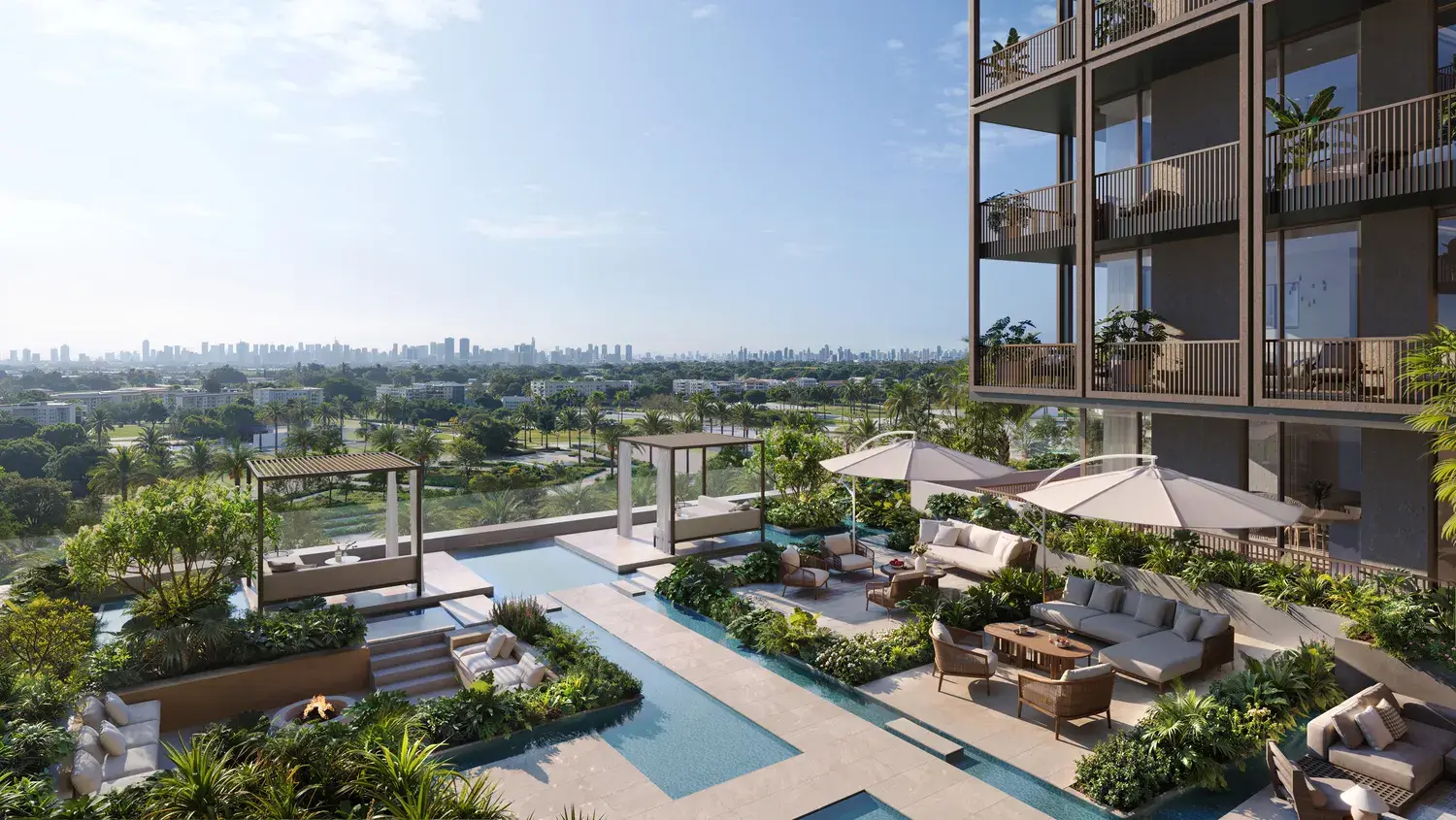 Podium pool terrace with lounges and city view