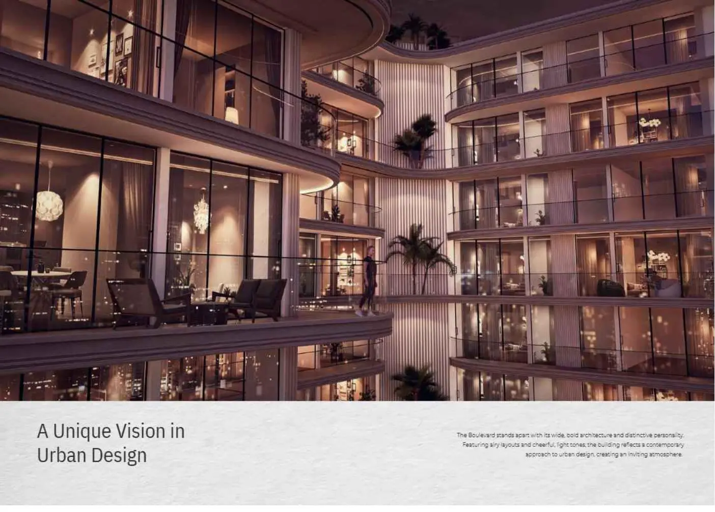 Curved glass facade and terraces seen from the inside