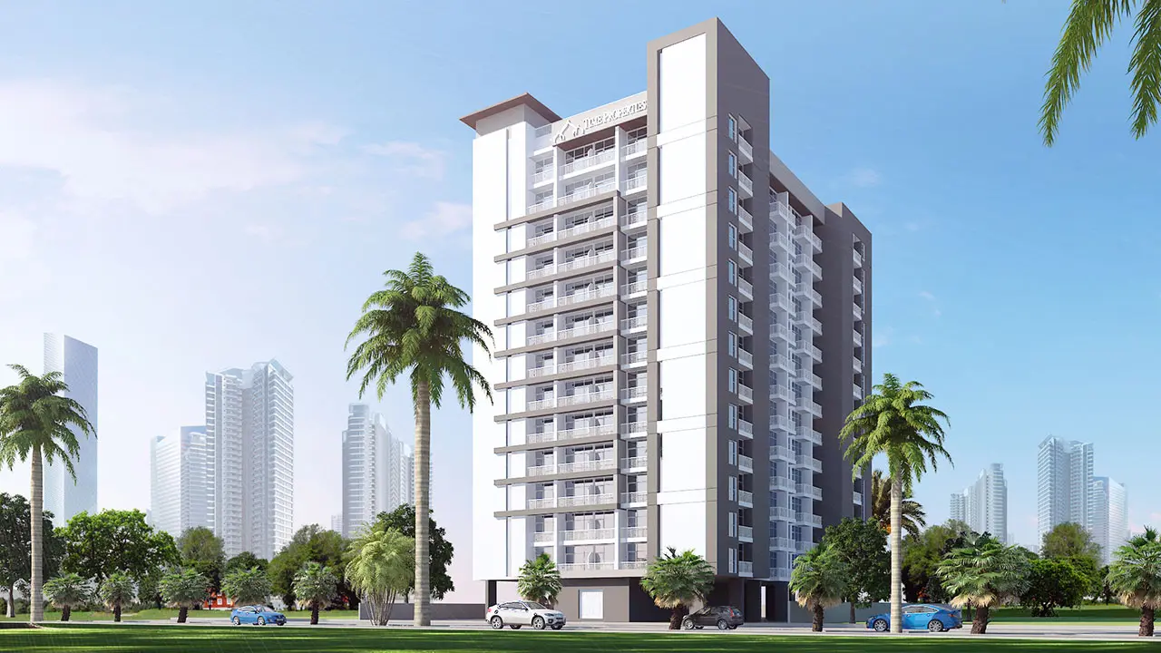 Mid-rise residential tower with balconies among palm trees