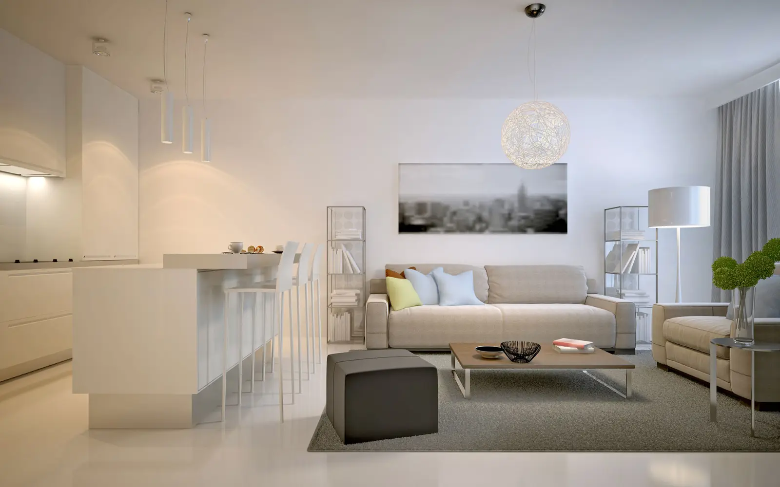 Bright open living room with kitchen bar