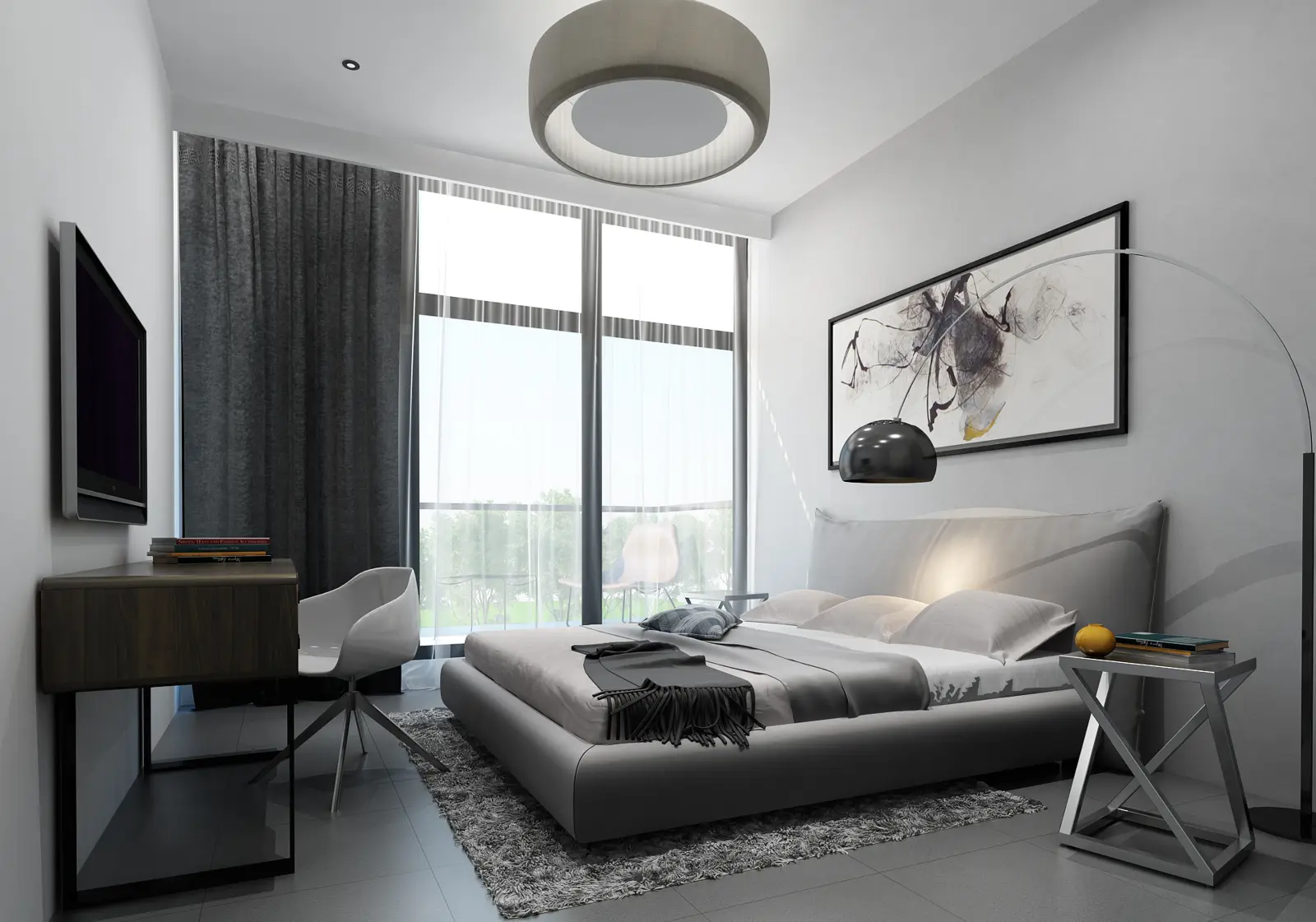 Bedroom with large window and grey bed